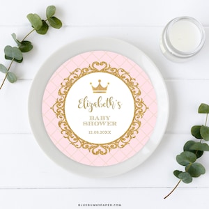 Crown Princess Plate Charger Insert Plantilla 8" Decoraciones de mesa circular EDITABLE Oro rosa Royal Birthday Party Decor Descarga instantánea, PG2