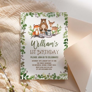 Botanical Woodland 1st Birthday EDITABLE Invitation. Greenery Forest Animals Printable Invite. Deer Fox Bear Raccoon INSTANT DOWNLOAD. BOT5 image 1