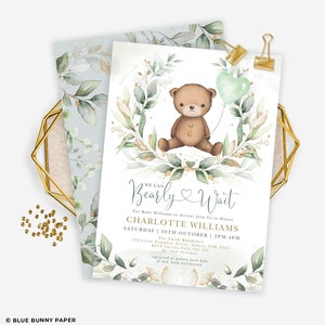 Teddy Bear Baby Shower Invitation, We Can Bearly Wait Invite, Eucalyptus Greenery Gold Balloon EDITABLE TEMPLATE, Instant Download, BR4