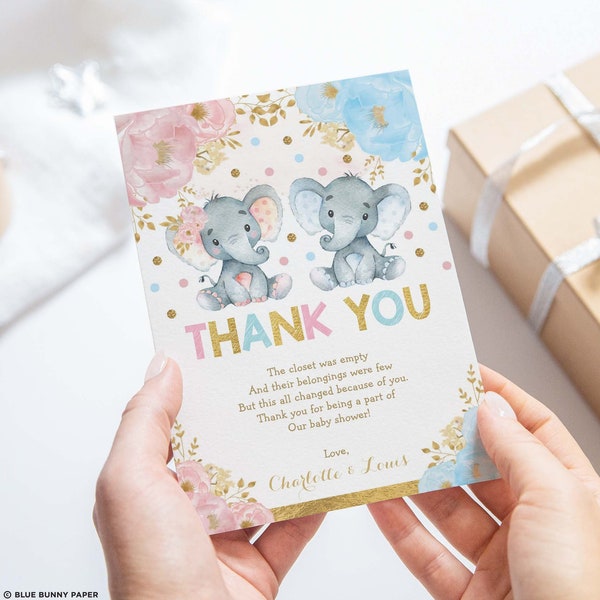 Twin Elephant Thank You Card, Boy Girl Twins EDITABLE TEMPLATE, Pink or Blue Elephant Baby Shower Printable Birthday Party Favor, EL6