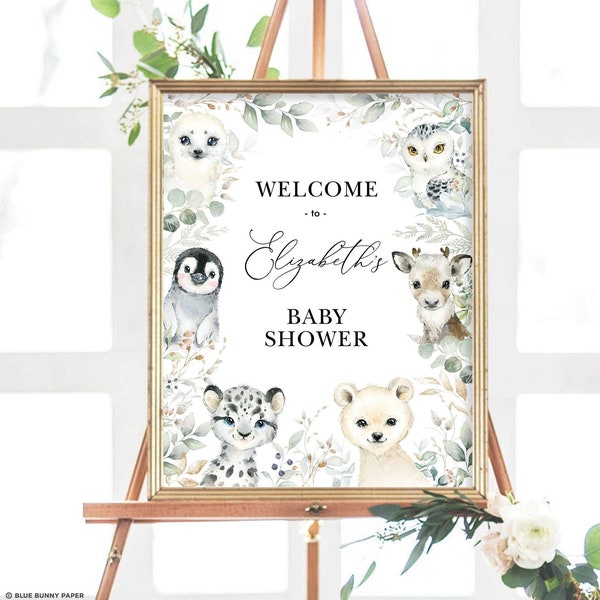 Winter Arctic Animals Welcome Sign, Winter Onederland Party, Greenery Gold Baby Shower Decorations, EDITABLE TEMPLATE Download, WINT24