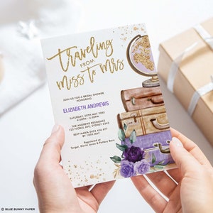 Editable Traveling Miss to Mrs Bridal Shower Invitation, Purple Floral Travel Wedding Shower Invite Template Vintage Luggage Printable, TRA7