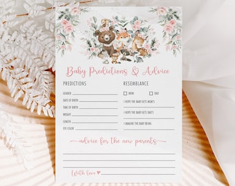 Girl Woodland Baby Predictions Advice Pink Floral Forest Animals Baby Shower Advice for Parents Baby Game Printable INSTANT DOWNLOAD FOR6