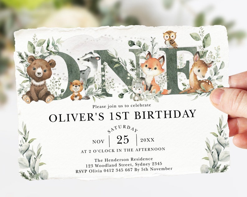 Sage Green Woodland 1st Birthday Invitation Template Greenery Forest Animals Winter ONEderland Invite Eucalyptus Printable