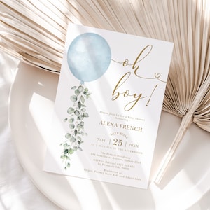Blue Balloon Boy Baby Shower Invitation Sage Green Eucalyptus Modern Oh Boy Baby Sprinkle Printable EDITABLE TEMPLATE Corjl Download BL1