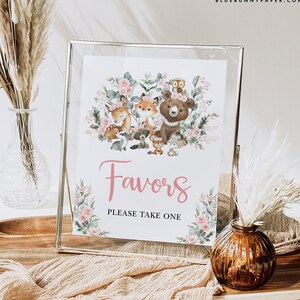 Favores signo chica bosque imprimible fiesta decoración bebé ducha cumpleaños mesa signo rosa bosque animales vegetación DESCARGA INSTANTE FOR6