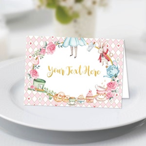 Rose Alice au pays des merveilles cartes de place modifiables Mad Hatter Tea Party Baby Shower Decor Onederland anniversaire étiquettes alimentaires modèle télécharger, AL1