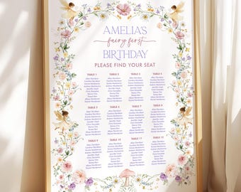 Fairy First Birthday Seating Chart Template, Pastel Wildflower Seating Plan Digital Download, FA10
