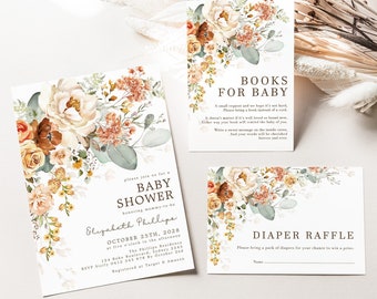 Fall Garden Flowers Baby Shower Invitation Bundle, Boho Burnt Orange Yellow Floral Templates, Rustic EDITABLE Instant Download Set, FLO5