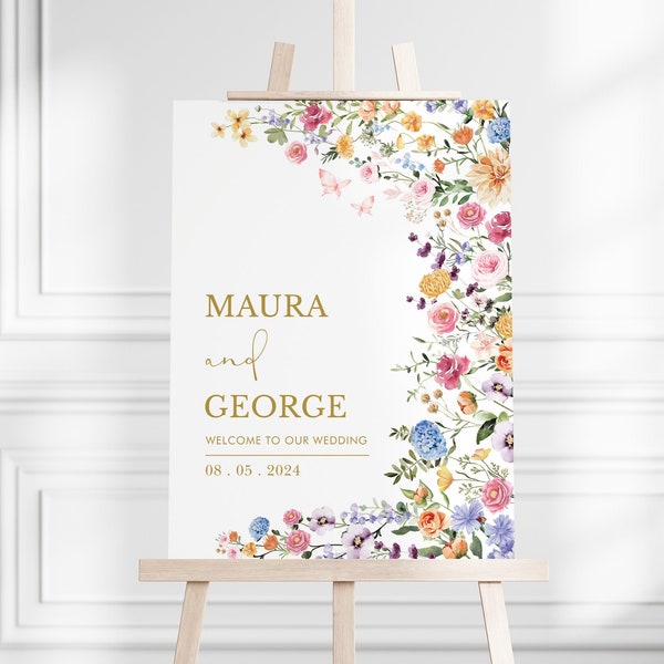 Panneau de bienvenue de mariage de fleurs sauvages modifiable, affiche de fête de jardin de mariage floral coloré, modèle de bienvenue de fleurs Boho, téléchargement instantané, FLO2