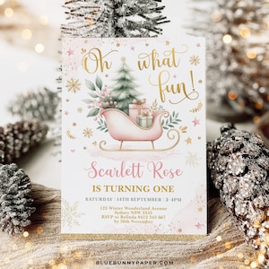 Editable Winter Holiday 1st Birthday Invitation, Pink Gold Sleigh Christmas Party Template, Oh What Fun Onederland Invite Download, WINT7