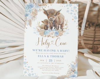 Highland Cow Baby Shower Invitation, Boy Cow Blue Pampas Floral Invite, Holy Cow We're Having a Baby Editable Template Instant Download, CW3