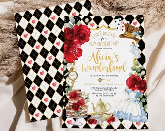 Alice in Wonderland Birthday Invitation, Red Floral Onederland 1st Birthday Invite, Mad Hatter Tea Party Printable Template Download AL4
