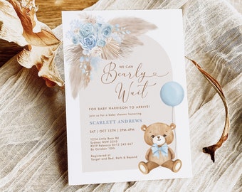 Teddy Bear Baby Shower Invitation, We Can Bearly Wait Baby Boy Editable Template, BR11