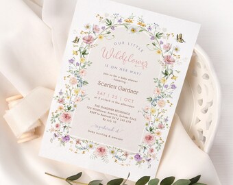 Wildflower Baby Shower Invitation Pastel Boho Floral Girl Baby Sprinkle Invite Garden Butterfly Digital Printable EDITABLE TEMPLATE, WF2