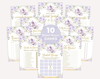 Bridal Shower Tea Party Games Bundle, Love is Brewing Games Package, Purple Gold Bridal Brunch Printable Games Instant Download, FLO42