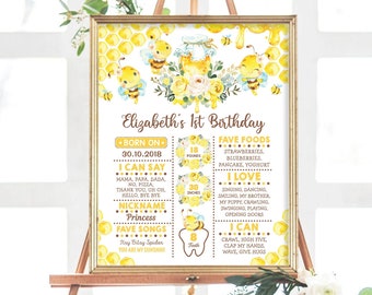 Honey Bee 1st Birthday Milestone Poster, Bumblebee Chalkboard Sign, Yellow Floral Summer Greenery Honeycomb Party EDITABLE TEMPLATE, BEE1