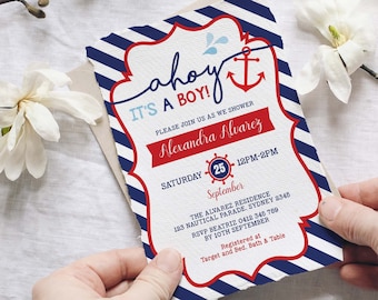 Nautical Baby Shower Invitation, Navy Red Boy Baby Shower Digital Invite, Ahoy It's a Boy Anchor EDITABLE TEMPLATE, Instant Download, NAU1