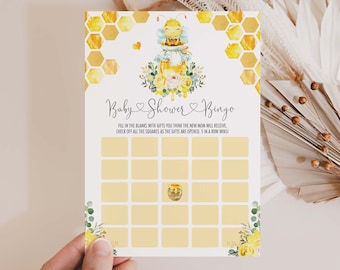Bingo Baby Shower Game, Honey Bee Shower Activity, Bumble Bee Printable, Summer Yellow Floral Digital Instant Download, BEE1