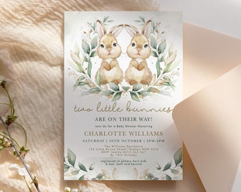 Twin Bunny Baby Shower Invitation, Sage Greenery Twin Baby Shower Invite, Neutral Rabbit Twins Printable Editable Template Download, BUN1