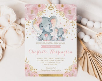 Pretty Blush Gold Elephant Baby Shower Invitation. Jungle Safari Baby Girl Printable Invite. Soft Pastel Pink Floral EDITABLE TEMPLATE. EL6