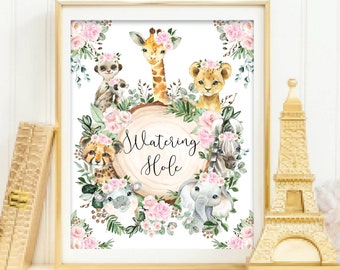 Watering Hole Wild One Birthday Sign, Girl Safari Drink Table Decor, Floral Jungle Animals Baby Shower Decorations Party Printable, JUN16