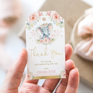 Blush Floral Elephant Favor Tags, Elefant Baby Shower Danke Tags, Wild One Girl 1. Geburtstag EDITABLE TEMPLATE Instant Download, EL20