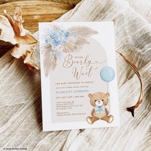Teddy Bear Baby Shower Invitation, We Can Bearly Wait Baby Boy Editable Template, BR11 image 1