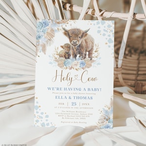 Highland Cow Baby Shower Invitation, Boy Cow Blue Pampas Floral Invite, Holy Cow We&#39;re Have a Baby Edytowalny szablon do pobrania natychmiast, CW3