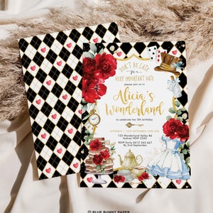 Invitation d'anniversaire d'Alice au pays des merveilles, invitation d'anniversaire 1er Floral rouge Onederland, Mad Hatter Tea Party modèle imprimable Télécharger AL4