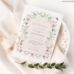 Fiore di campo Baby Shower Invito Pastello Boho Floreale Ragazza Baby Cospargere Invito Giardino Farfalla Digitale stampabile MODELLO MODIFICABILE, WF2