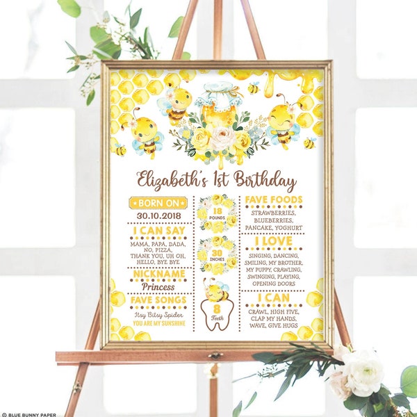 Honey Bee 1st Birthday Milestone Poster, Bumblebee Chalkboard Sign, Yellow Floral Summer Greenery Honeycomb Party EDITABLE TEMPLATE, BEE1