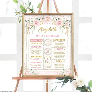 Floral 1st Birthday Milestone Board, Pink Gold Flower Chalkboard Sign, Boho Princess Garden Party Poster EDITABLE TEMPLATE, FLO40