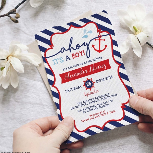 Nautical Baby Shower Invitation, Navy Red Boy Baby Shower Digital Invite, Ahoy It's a Boy Anchor EDITABLE TEMPLATE, Instant Download, NAU1