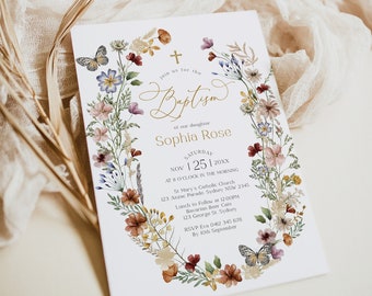 May include: A floral wreath with butterflies surrounds a gold calligraphy invitation for a baptism. The invitation reads "Join us for the Baptism of our daughter Sophia Rose" and includes the date, time, and location of the event. RSVP information is also included.
