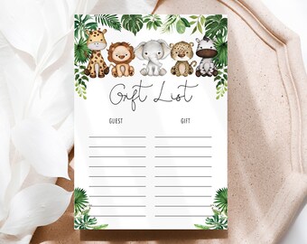 Jungle Safari Gift List Printable Card Greenery Wild Animals Baby Shower Birthday Gift Log Baby Boy Gender Neutral INSTANT DOWNLOAD, SAF9