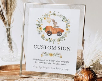 Wildflower Bunny Custom Party Sign Template EDITABLE Rabbit Baby Shower Decor Bunny Carrot Car 1st Birthday Spring Garden Decoration, BUN2