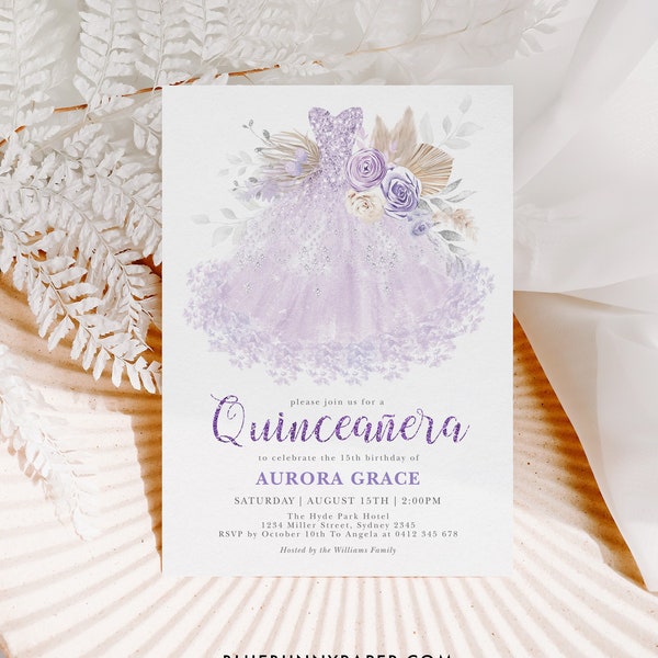 Princesa Quinceañera Vestido Invitación Boho Púrpura Mis Quince Anos 15 Cumpleaños Lila Pampas Floral PLANTILLA EDITABLE Descarga Instantánea FLO26