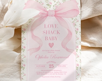 Blush roze strik babyshower uitnodiging: sjabloon vintage Cottagecore-rozen (5 x 7 digitale download), BOW12