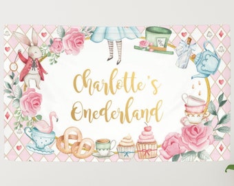 Alice in Onederland Birthday Backdrop Template, EDITABLE Mad Hatter Tea Party Decor, Alice in Wonderland Centerpiece Instant Download, AL1