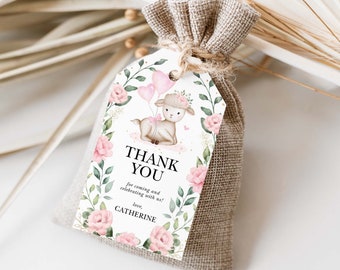 Lamb Favor Tag Template, Pink Floral Baby Sheep Birthday Favors, Farm Animal Girl Baby Shower Editable Thank You Template Download, GR8