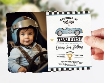Editable Two Fast 2nd Birthday Photo Invitation Race Car Birthday Invite Vintage Blue Racing Car Party Printable Template Download RC1