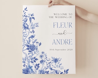 Delft Blue Wedding Welcome Sign Chinoiserie Floral Wedding Decorations Blue Willow Porcelain Printable Birds Peony EDITABLE TEMPLATE, BW1