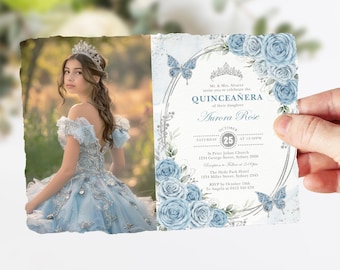 Baby Blue Quinceañera Invitation, Silver Butterfly Quincenera Crown Princess Mis Quince 15 Anos Birthday Photo EDITABLE TEMPLATE, FLO45