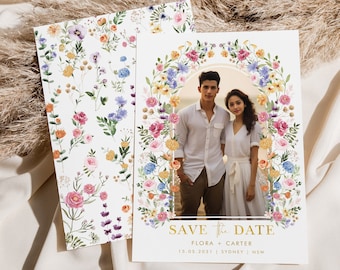 Colorful Wildflower Save The Date Template, Spring Garden Flowers Pre-Wedding Photo Save Our Date Card, EDITABLE Floral Meadow Download FLO2