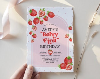 Strawberry 1st Birthday Invitation Berry First Birthday Invite Retro Pink Boho Arch Summer Fruit EDITABLE TEMPLATE Instant Download, ST1