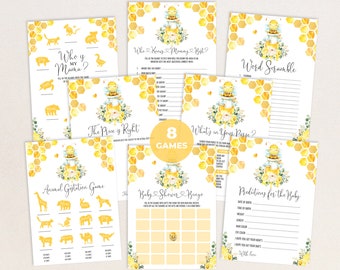 Giochi per baby shower con api, pacchetto di giochi stampabili a nido d'ape 8x Bumblebee, giochi per feste con api floreali gialle, download istantaneo, BEE1