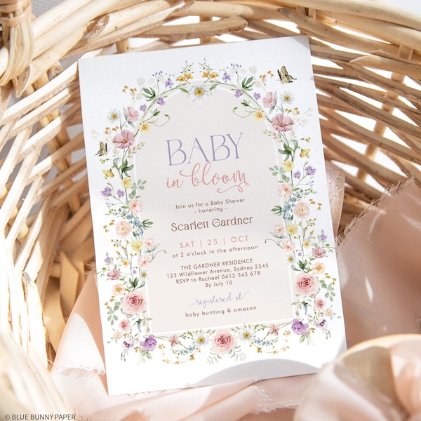 Baby in Bloom Invitation Wildflower Baby Shower Invites Soft Pastel Pink Purple Wild Flower Boho Printable EDITABLE TEMPLATE Corjl, WF2