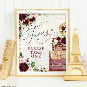 Gefälligkeiten Zeichen, Reise Brautparty, Vintage Koffer Hochzeit Dekorationen, erröten Burgund Blumen printable Download, TRA6