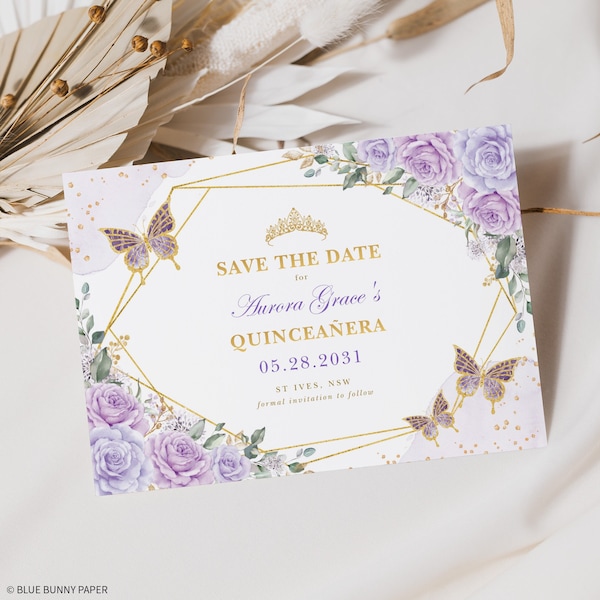 Modèle Save the Date de Quinceañera en or violet lilas, papillons floraux, anniversaire de Mis coing, 15 ans, téléchargement immédiat MODIFIABLE FLO21